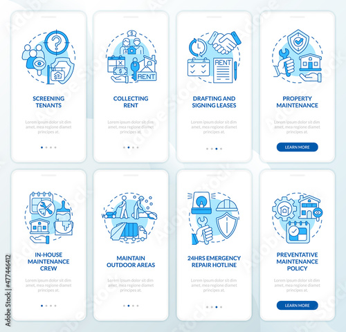Property management blue onboarding mobile app screen set. Realty walkthrough 4 steps graphic instructions pages with linear concepts. UI, UX, GUI template. Myriad Pro-Bold, Regular fonts used