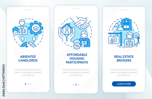 Property managers customers blue onboarding mobile app screen. Realty walkthrough 3 steps graphic instructions pages with linear concepts. UI, UX, GUI template. Myriad Pro-Bold, Regular fonts used