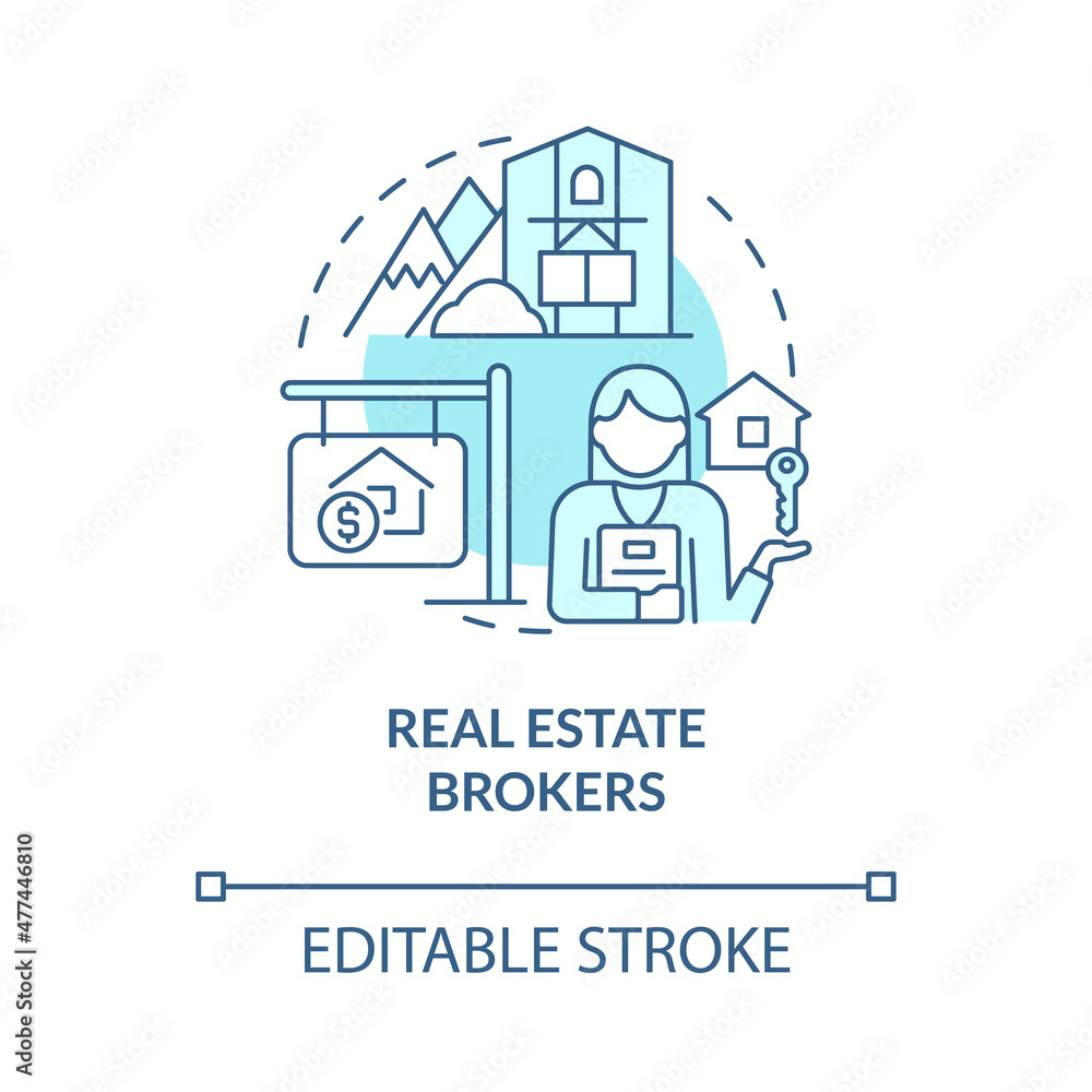 Real estate brokers turquoise concept icon. Property manager customers abstract idea thin line illustration. Isolated outline drawing. Editable stroke. Roboto-Medium, Myriad Pro-Bold fonts used