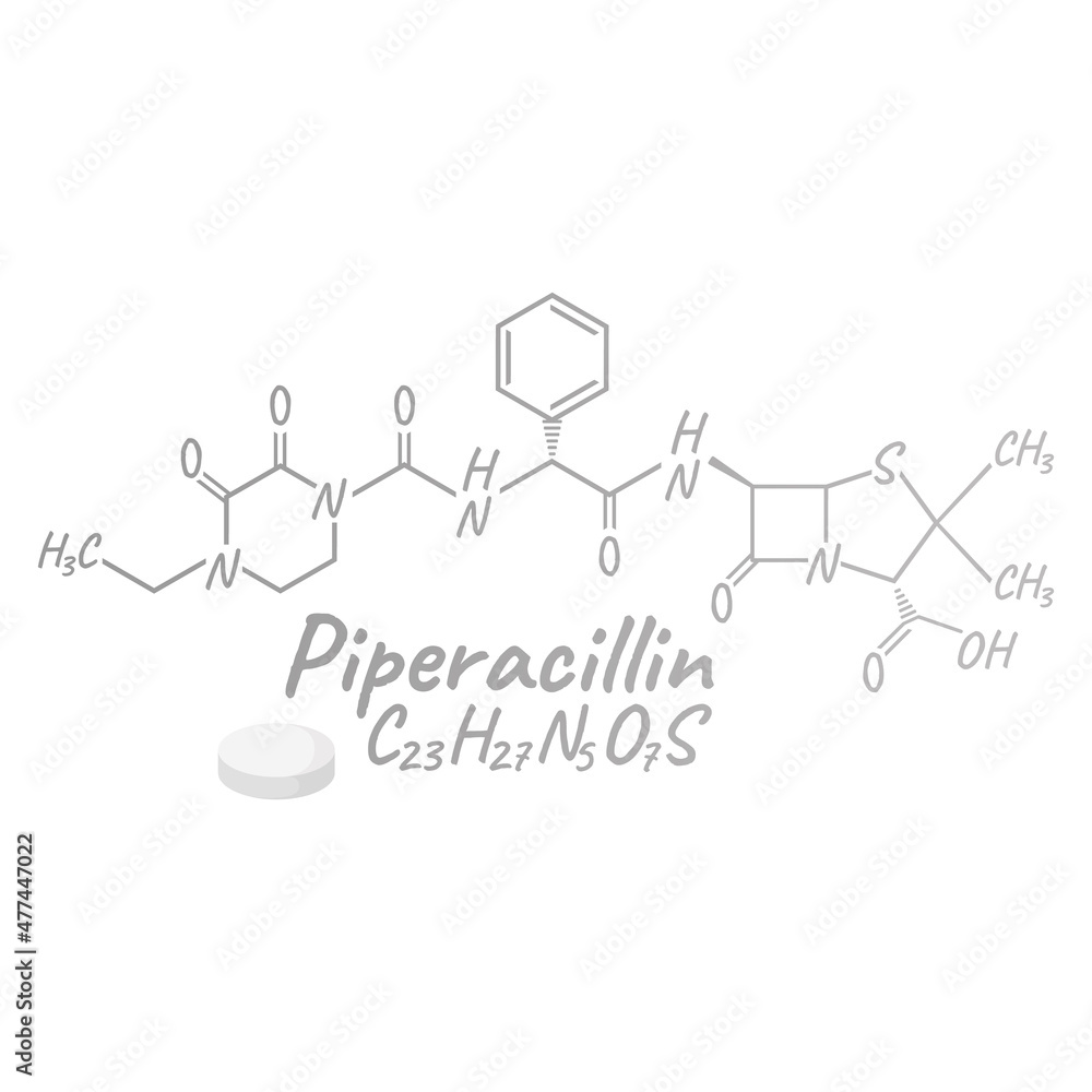 Piperacillin antibiotic chemical formula and composition, concept structural medical drug, isolated on white background, vector illustration. Piperacillin antibiotic chemical formula and composition, concept structural medical drug, isolated on white background, vector illustration.