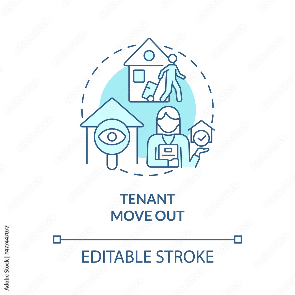 Tenant move out turquoise concept icon. Property management work abstract idea thin line illustration. Isolated outline drawing. Editable stroke. Roboto-Medium, Myriad Pro-Bold fonts used Tenant move out turquoise concept icon. Property management work abstract idea thin line illustration. Isolated outline drawing. Editable stroke. Roboto-Medium, Myriad Pro-Bold fonts used