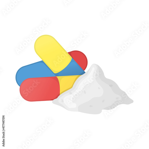 Medicinal drug product for disease treatment, concept icon pharmacological medical antibiotic capsule flat vector illustration, isolated on white.