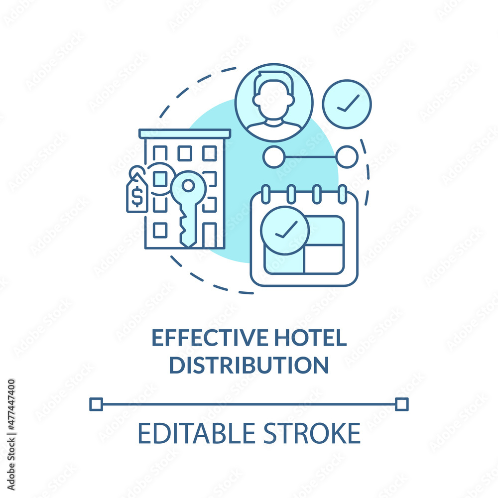 Effective hotel distribution turquoise concept icon. Property management abstract idea thin line illustration. Isolated outline drawing. Editable stroke. Roboto-Medium, Myriad Pro-Bold fonts used Effective hotel distribution turquoise concept icon. Property management abstract idea thin line illustration. Isolated outline drawing. Editable stroke. Roboto-Medium, Myriad Pro-Bold fonts used