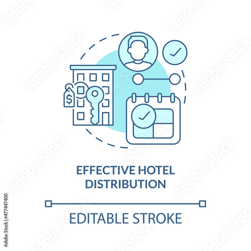 Effective hotel distribution turquoise concept icon. Property management abstract idea thin line illustration. Isolated outline drawing. Editable stroke. Roboto-Medium, Myriad Pro-Bold fonts used