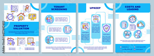 Property manager responsibilities blue brochure template. Booklet print design with linear icons. Vector layouts for presentation, annual reports, ads. Arial-Black, Myriad Pro-Regular fonts used