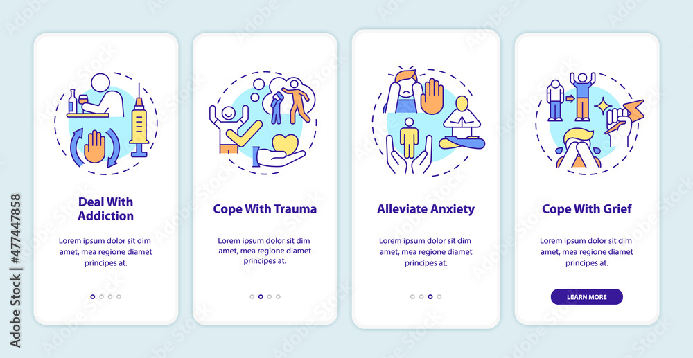 Problems to solve in group onboarding mobile app screen. Addict therapy walkthrough 4 steps graphic instructions pages with linear concepts. UI, UX, GUI template. Myriad Pro-Bold, Regular fonts used