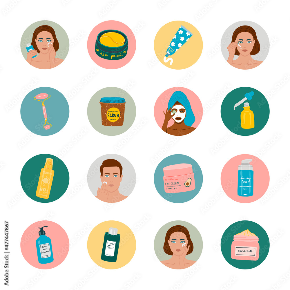 Beauty skin care icons. Eye cream, hand cream, eye patch, beauty oil, toner, serum, moisturizer, serum, lip balm, cleansing foam Beauty skin care icons. Eye cream, hand cream, eye patch, beauty oil, toner, serum, moisturizer, serum, lip balm, cleansing foam