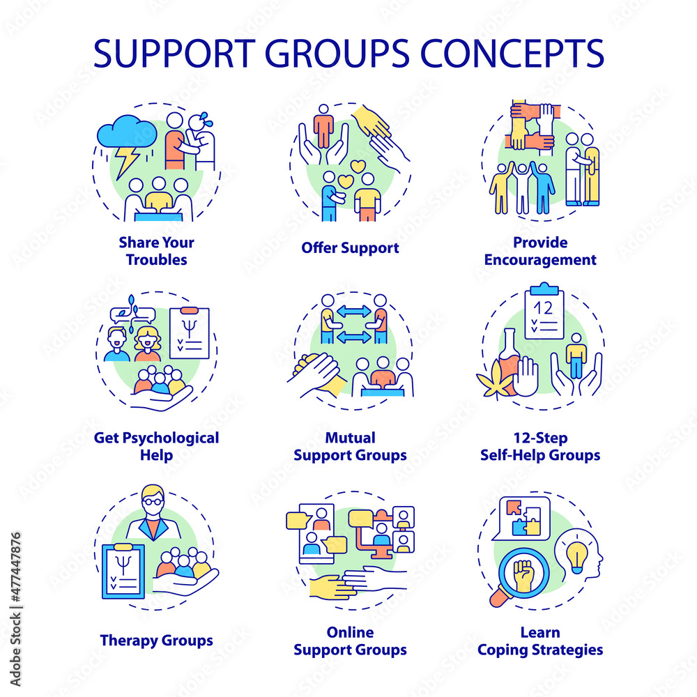 Support groups concept icons set. Psychological help idea thin line color illustrations. Offer support. Isolated outline drawings. Editable stroke. Roboto-Medium, Myriad Pro-Bold fonts used