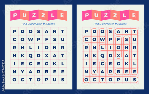 Word search puzzle with hidden animal names. Puzzle for kindergarten and primary school students. Word game for social media.