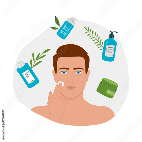 Skincare routine illustration, a man applying moisturizer, toner, lotion, cleansing foam
