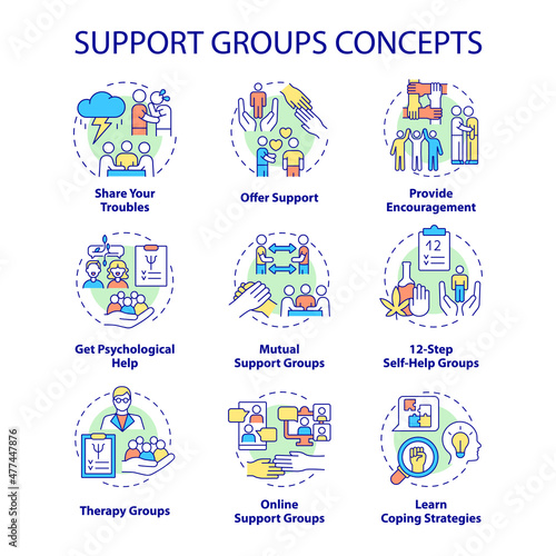 Support groups concept icons set. Psychological help idea thin line color illustrations. Offer support. Isolated outline drawings. Editable stroke. Roboto-Medium, Myriad Pro-Bold fonts used