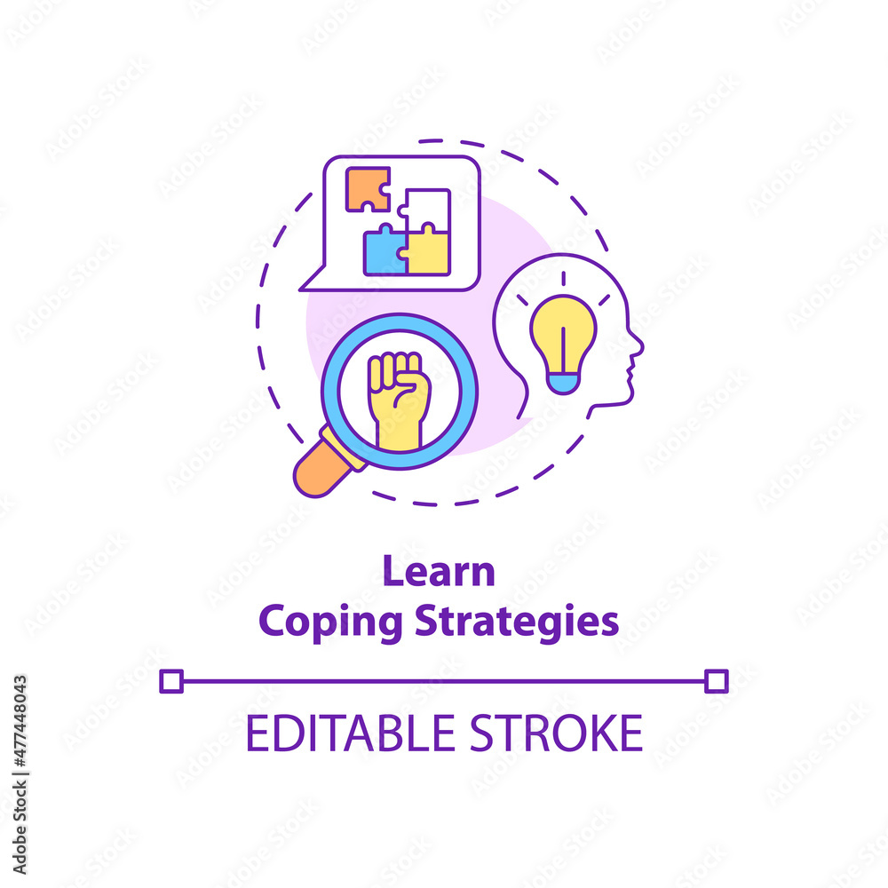 Learn coping strategies concept icon. Support group benefit abstract idea thin line illustration. Problems solving. Isolated outline drawing. Editable stroke. Roboto-Medium, Myriad Pro-Bold fonts used Learn coping strategies concept icon. Support group benefit abstract idea thin line illustration. Problems solving. Isolated outline drawing. Editable stroke. Roboto-Medium, Myriad Pro-Bold fonts used