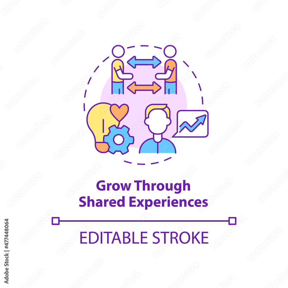 Grow through shared experiences concept icon. Support group pros abstract idea thin line illustration. Isolated outline drawing. Editable stroke. Roboto-Medium, Myriad Pro-Bold fonts used