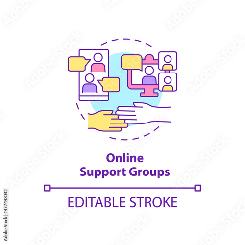 Online support group concept icon. Mental health treatment abstract idea thin line illustration. Virtual community. Isolated outline drawing. Editable stroke. Roboto-Medium, Myriad Pro-Bold fonts used