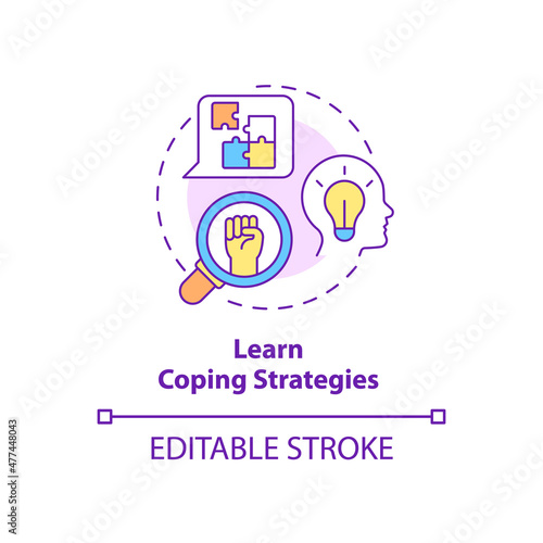 Learn coping strategies concept icon. Support group benefit abstract idea thin line illustration. Problems solving. Isolated outline drawing. Editable stroke. Roboto-Medium, Myriad Pro-Bold fonts used