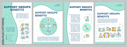 Support groups advantages mint brochure template. Booklet print design with linear icons. Vector layouts for presentation, annual reports, ads. Arial-Black, Myriad Pro-Regular fonts used
