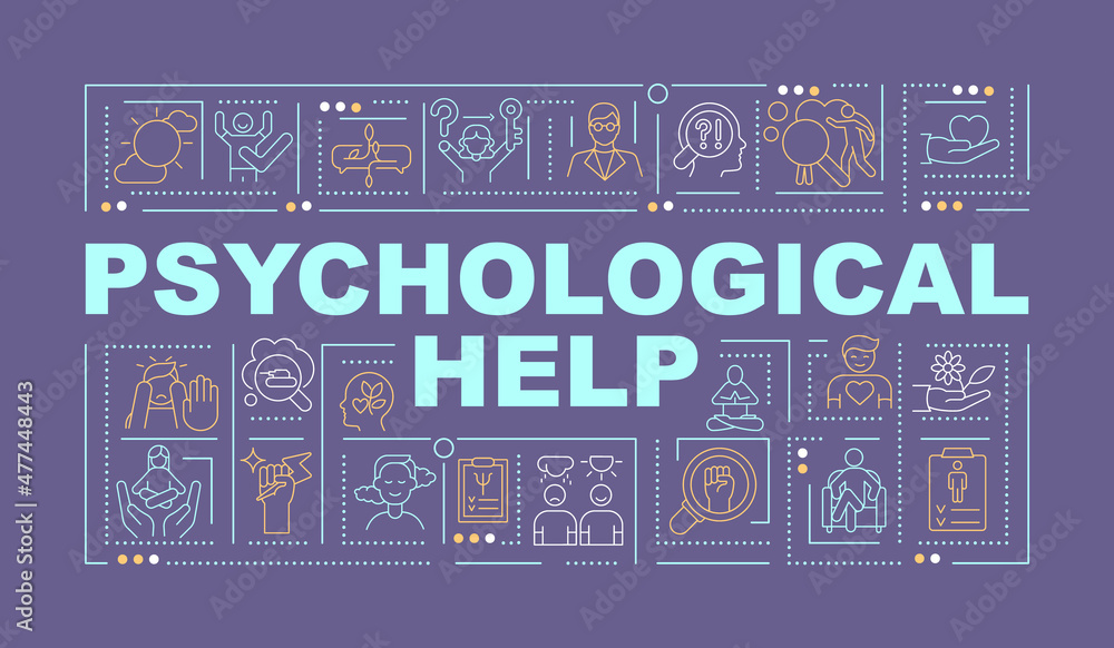 Psychological treatment word concepts purple banner. Mental health. Infographics with linear icons on background. Isolated typography. Vector color illustration with text. Arial-Black font used