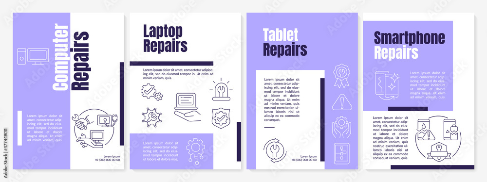Repair services purple brochure template. Laptop and pc. Booklet print design with linear icons. Vector layouts for presentation, annual reports, ads. Anton-Regular, Lato-Regular fonts used