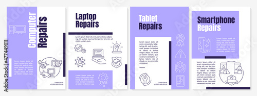 Repair services purple brochure template. Laptop and pc. Booklet print design with linear icons. Vector layouts for presentation, annual reports, ads. Anton-Regular, Lato-Regular fonts used