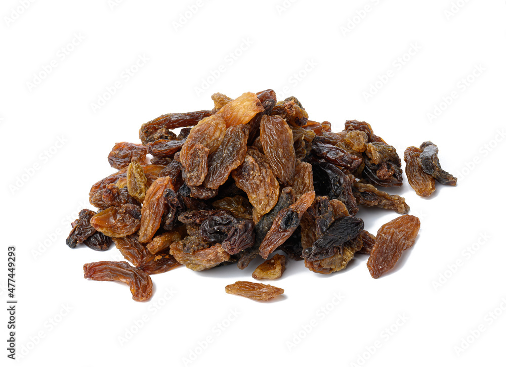 bunch of dried brown raisins isolated on white background bunch of dried brown raisins isolated on white background