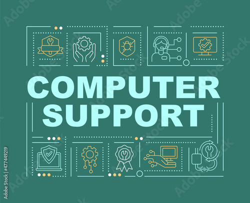Computer support and help word concepts green banner. PC maintenance. Infographics with linear icons on background. Isolated typography. Vector color illustration with text. Arial-Black font used