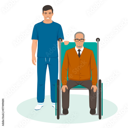 nurse with disabled old man in a wheelchair. Vector illustration