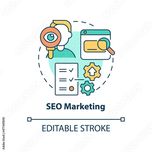 SEO marketing concept icon. Optimizing content for search engines abstract idea thin line illustration. Isolated outline drawing. Editable stroke. Roboto-Medium, Myriad Pro-Bold fonts used