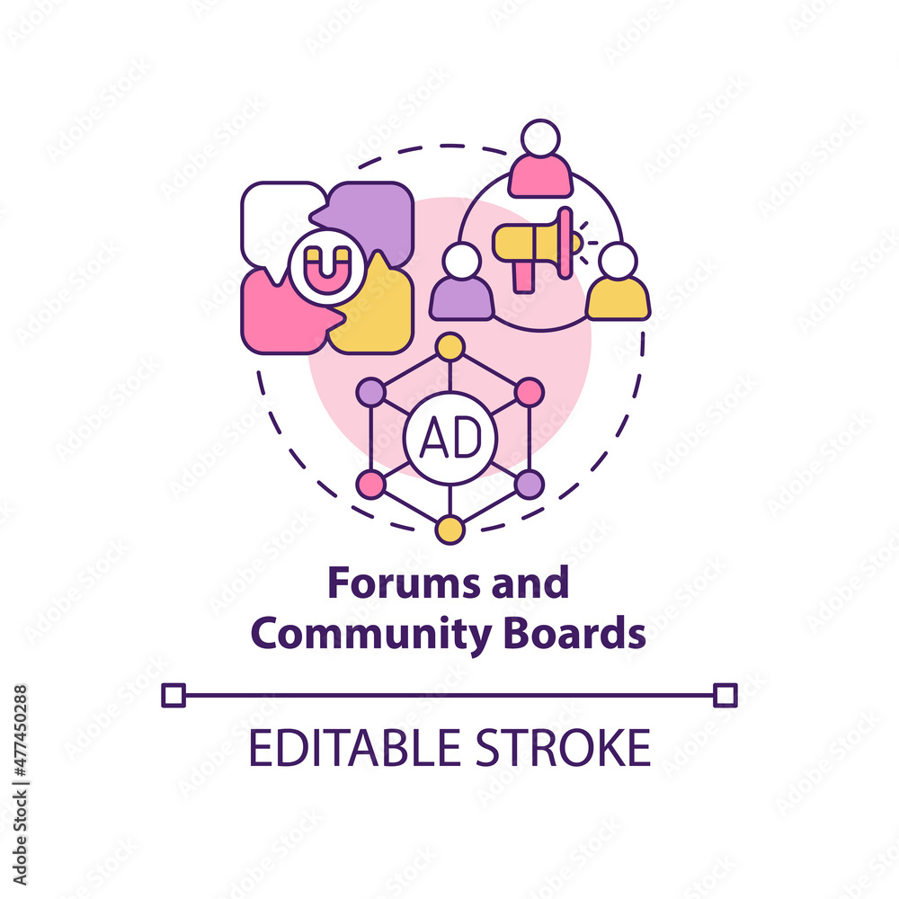 Forums and community boards concept icon. Digital marketing channels abstract idea thin line illustration. Isolated outline drawing. Editable stroke. Roboto-Medium, Myriad Pro-Bold fonts used Forums and community boards concept icon. Digital marketing channels abstract idea thin line illustration. Isolated outline drawing. Editable stroke. Roboto-Medium, Myriad Pro-Bold fonts used