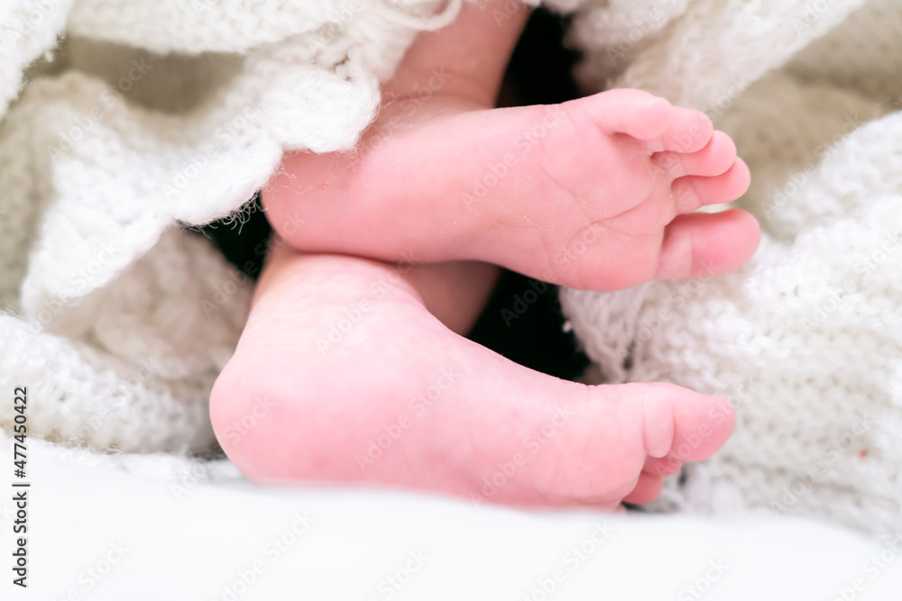 Soft and beautiful feet of a month old caucasion baby wrapped under a white blanket. Selective focus Soft and beautiful feet of a month old caucasion baby wrapped under a white blanket. Selective focus