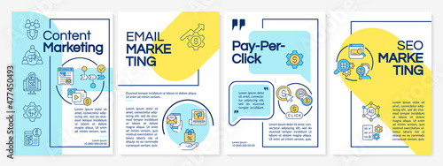 Digital marketing strategies blue and yellow brochure template. Booklet print design with linear icons. Vector layouts for presentation, annual reports, ads. Questrial-Regular, Lato-Regular fonts used