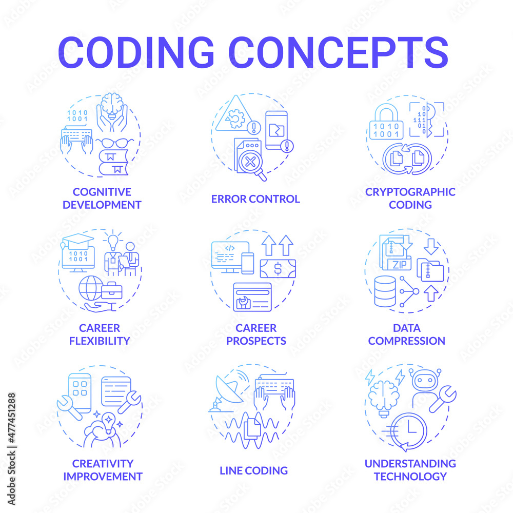 Coding blue gradient concept icons set. Software developer career. Programming idea thin line color illustrations. Isolated outline drawings. Editable stroke. Roboto-Medium, Myriad Pro-Bold fonts used