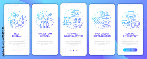 Promoting teamwork blue gradient onboarding mobile app screen. Activity walkthrough 5 steps graphic instructions pages with linear concepts. UI, UX, GUI template. Myriad Pro-Bold, Regular fonts used
