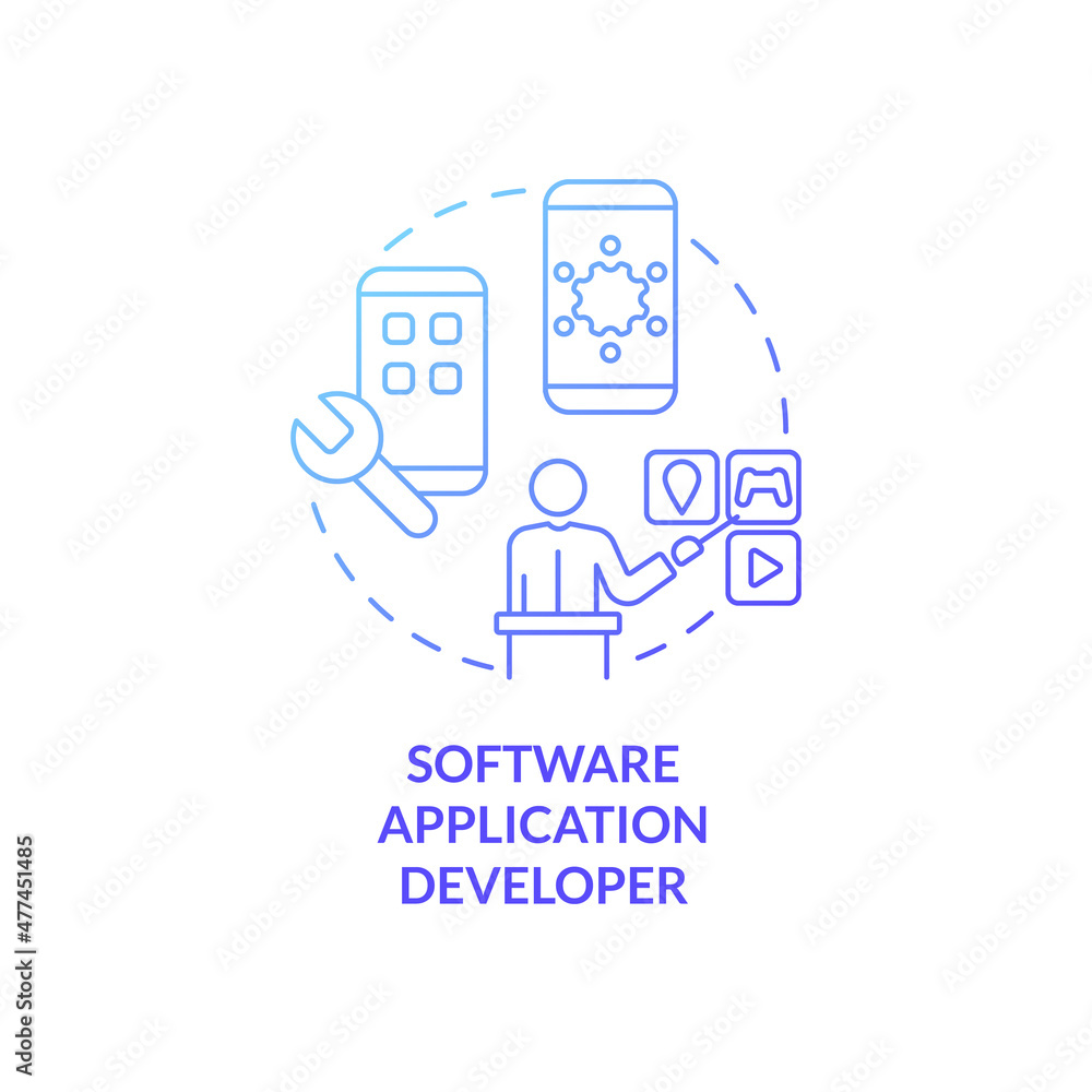 Software application developer blue gradient concept icon. Mobile app developer. Coding abstract idea thin line illustration. Isolated outline drawing. Roboto-Medium, Myriad Pro-Bold fonts used