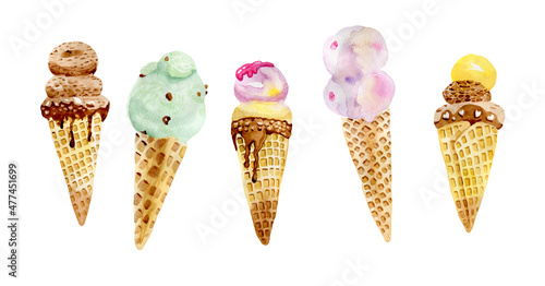 Ice cream horizontal banner for social networks food sweets watercolor illustration