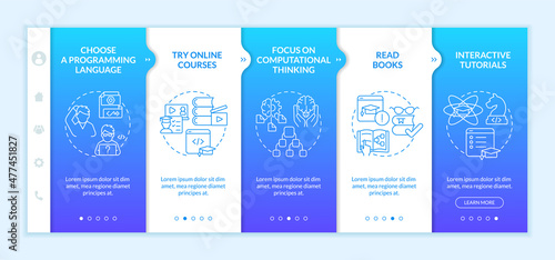 How to learn to code blue gradient onboarding template. Programming course. Responsive mobile website with linear concept icons. Web page walkthrough 5 step screens. Lato-Bold, Regular fonts used