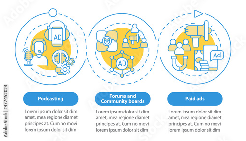 Digital marketing examples blue circle infographic template. Data visualization with 3 steps. Process timeline info chart. Workflow layout with line icons. Myriad Pro-Bold, Regular fonts used