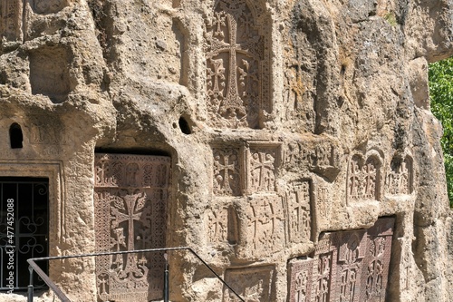 Armenia, Geghard, September 2021. Armenian khachkars of the first Christians, carved into the rock. photo