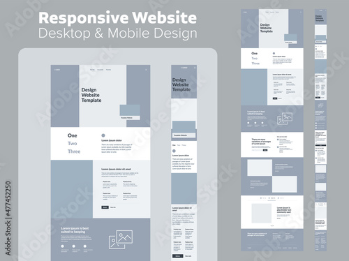 Website design. Responsive desktop and mobile wireframe. Landing page template.
