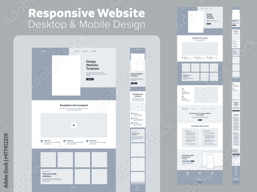 Website design. Responsive desktop and mobile wireframe. Landing page template. photo