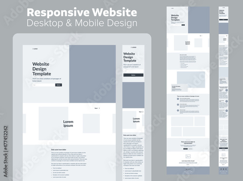 Website design. Responsive desktop and mobile wireframe. Landing page template.