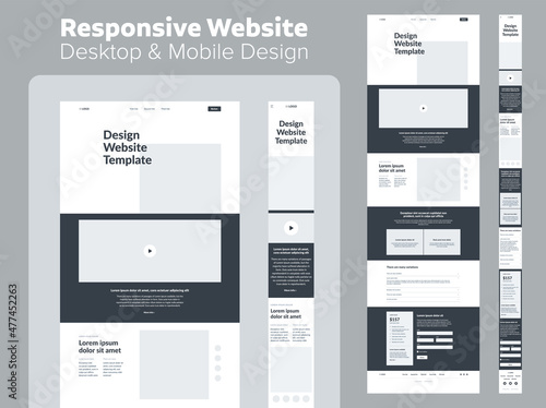 Website design. Responsive desktop and mobile wireframe. Landing page template.