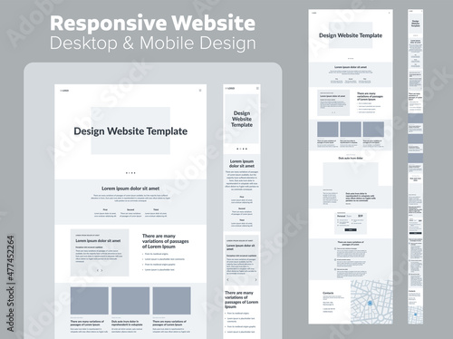 Website design. Responsive desktop and mobile wireframe. Landing page template.