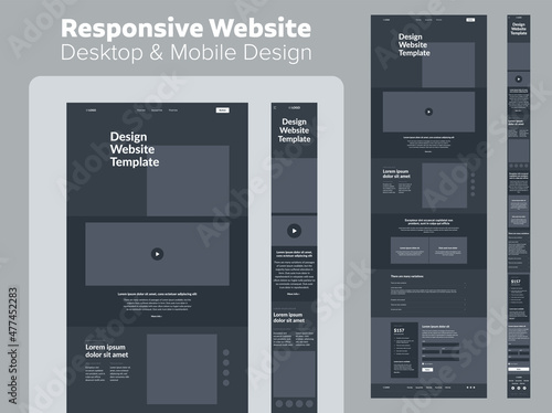 Website design dark mode. Responsive desktop and mobile wireframe. Landing page template.