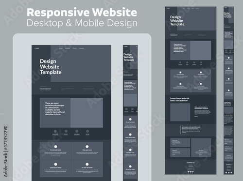 Website design dark mode. Responsive desktop and mobile wireframe. Landing page template.