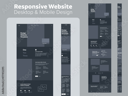 Website design dark mode. Responsive desktop and mobile wireframe. Landing page template.