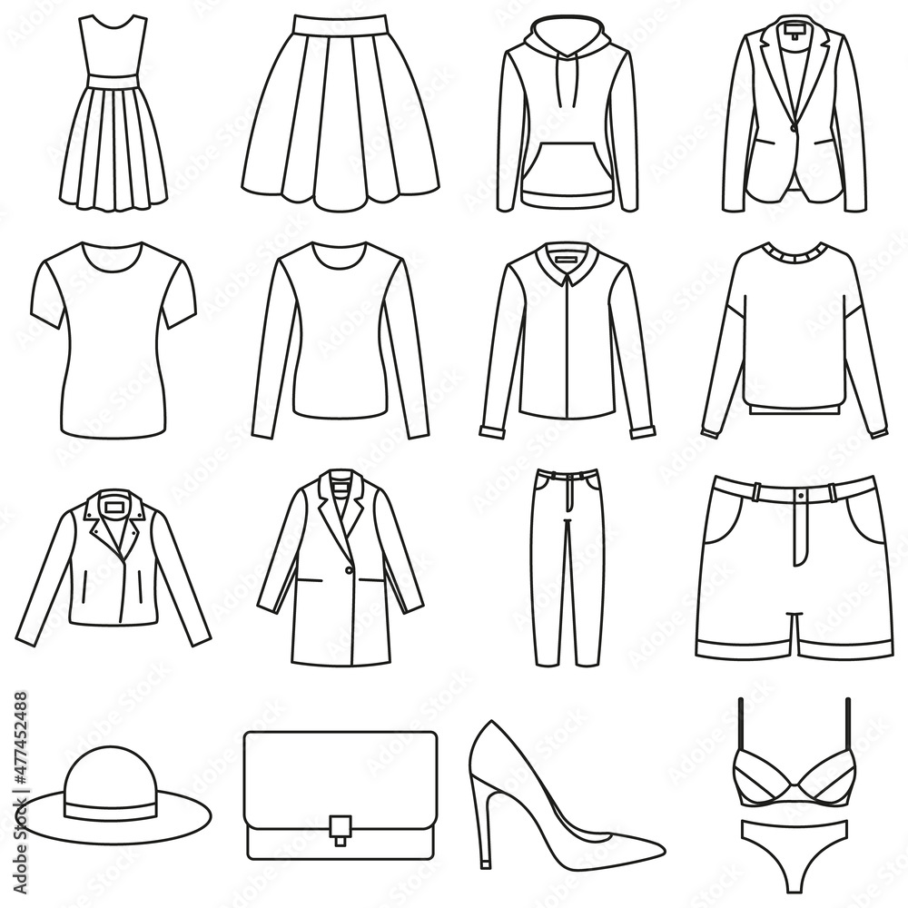Zestaw ikon przedstawiających damskie ubrania. Stock Vector | Adobe Stock