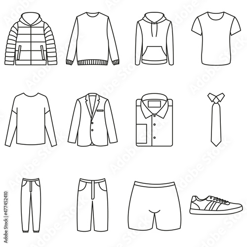 Zestaw ikon przedstawiających męskie ubrania.
