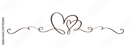 Flourish vintage Vector divider Valentines Day Hand Drawn Black Calligraphic two Heart. Calligraphy Holiday illustration. Design valentine element. Icon love decor for web, wedding