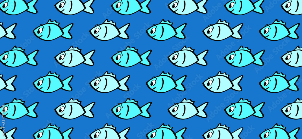 cartoon, comic fish bowl or aquarium. Goldfish in a bowl. Fishbones or fishbone sign. Swims underwater. Vector swimming in the sea pattern, blue background banner, ocean icon or pictogram.