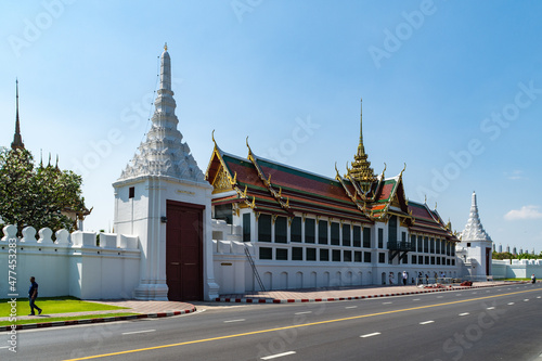 The walls of the Grand Palace with the Deva Phithak Gate and Gate of Sak Chaisit  Bangkok  Thailand.